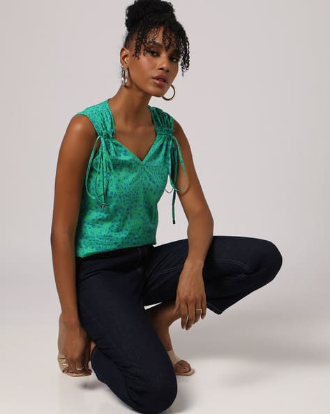 Encrustd Floral Print Cotton Top with Tie-Up