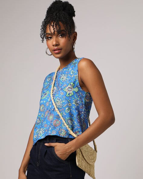 Encrustd Floral Print Round-Neck Top