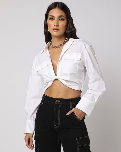 Encrustd Crop Twisted Shirt with Flap Pockets