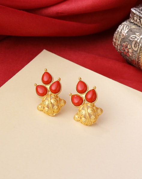 Charming Red Stone Pearl Stud Earrings | Mangatrai Pearls & Jewellers