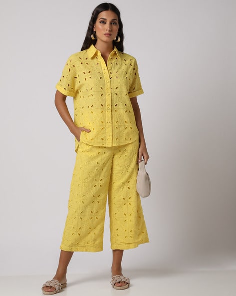Encrustd Schiffli Embroidered Wide-Leg Pants