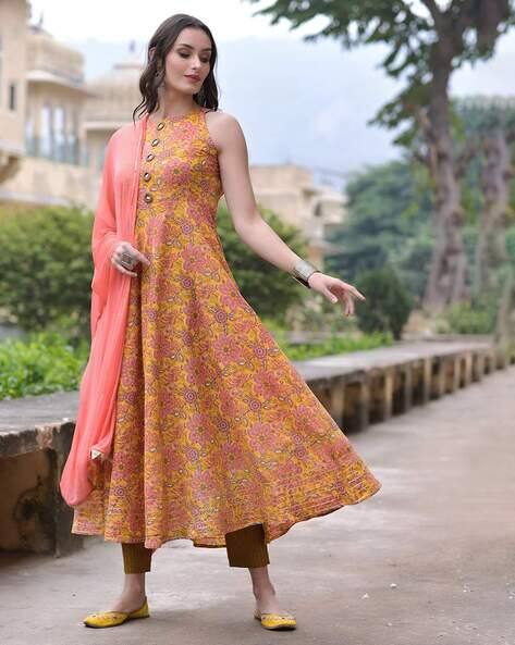 Floral Print Anarkali Kurta with Pants & Dupatta