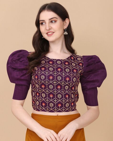 purple crop top with puff sleeves