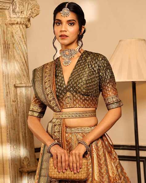 Gold Velvet Heavy work Designer Bridal Lehenga - Aazuri