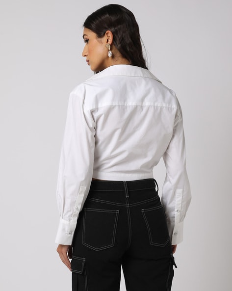 Flap-Pocket Crop Button-Up Shirt in Poplin