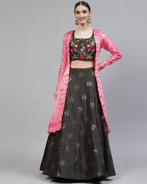 Buy Pink Embroidered Georgette Party Wear Lehenga Choli with Shrug From  Ethnic Plus