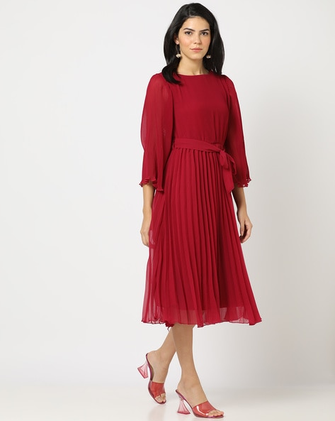 Accordian Pleated Fit & Flare Dress with Waist Tie-Up