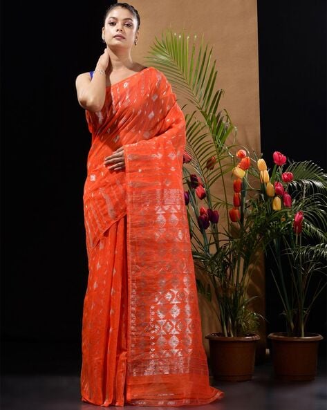 WoodenTant Women's Cotton Silk Soft Dhakai Jamdani Saree With Zari Border( Orange).