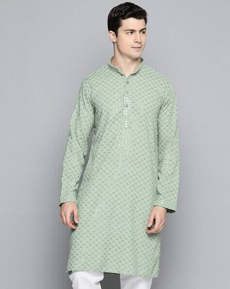 Embroidered Long Kurta with Mandarin Collar