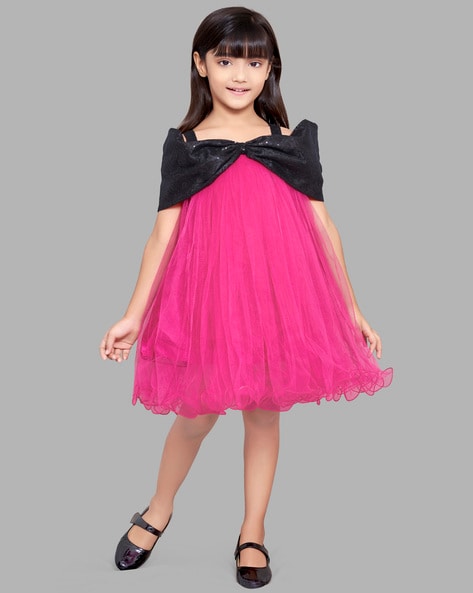 Buy Mini Stitch Onion Pink and White Satin Flower Crafted Soft Tulle Frock  for Girls online