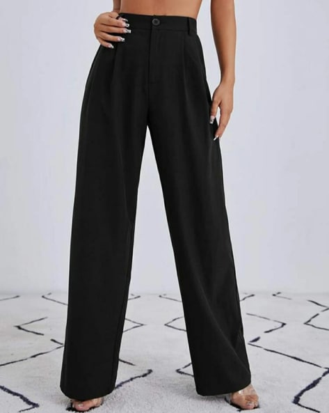 Buy BLACK PRINTED-WAIST WIDE TROUSER for Women Online in India