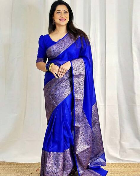 Lena electric blue pre-draped saree - CHARU AND VASUNDHARA - 4246916