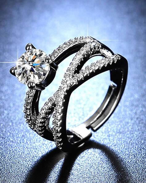 Cardinal American Diamond Silver Plated Pista Color Stone Brass Adjustable  Ring