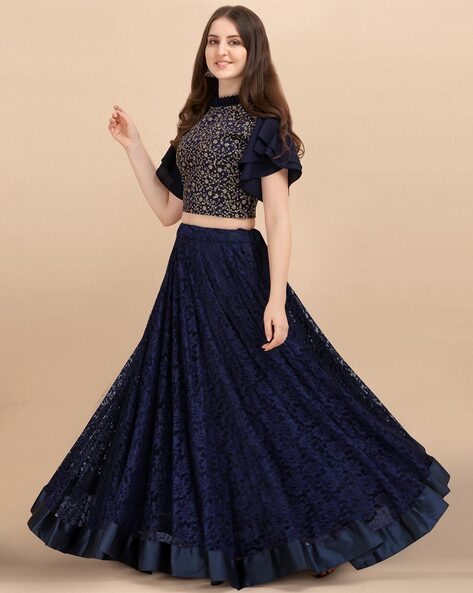 Buy Royal Blue Sequins Art Silk Ready-Made Crop Top With Lehenga At  Designer Lehenga Choli