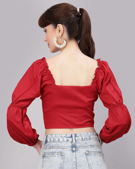 Final Sale Plus Size Crop Tie Top with Bell Sleeves in Red