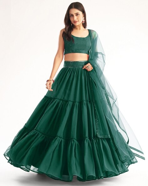 Beautiful Green Velvet Lehenga Choli With Dupatta Online - DMV8537