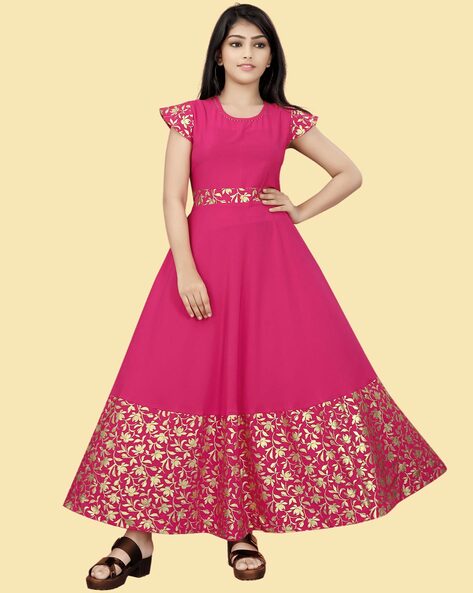 Girl Cute Pink Floral Applique Party Wear Long Gown