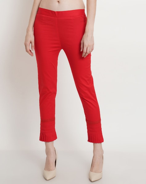 Red Solid Ankle Length Pants - Ayaany.com