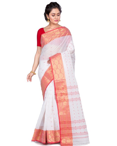 Buy Women's Tant Cotton Saree II Red & White Bengal Cotton Tant Saree II  Sanghamitra Saree II Red & White II at Amazon.in