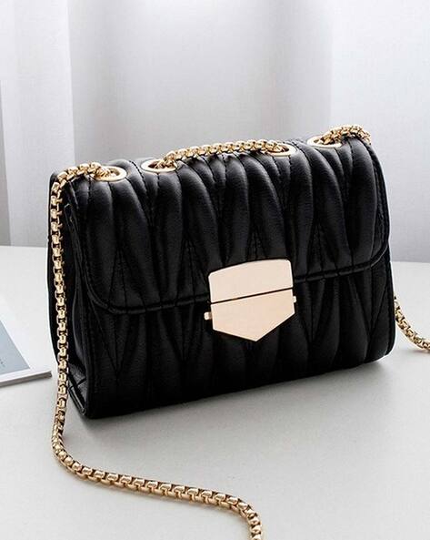 Buy Black Quilted Leather Bag With Gold Chain Online In India -  India