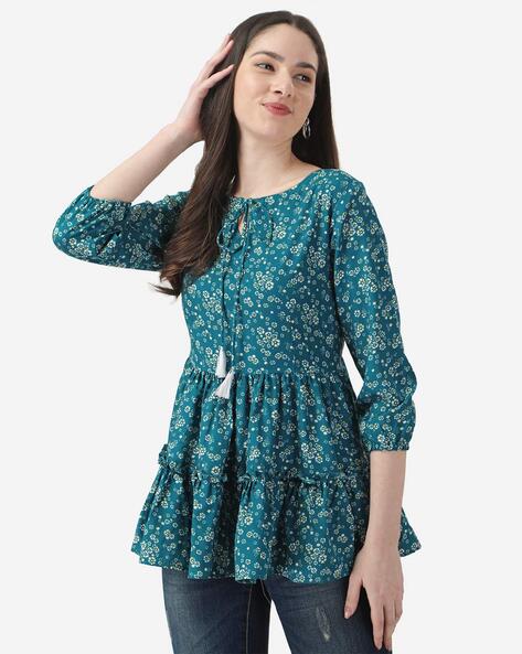 Floral Print Tiered Tunic with Tie-Up Neck