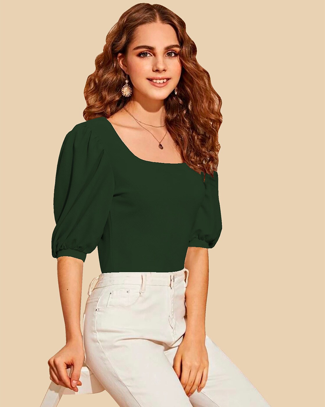 Dream Beauty Fashion Women's Puff Sleeve Top Square Neck Balloon Bishop  Sleeve Elegant Casual Tee Top (RRR_M1_Green_XS) : : Clothing &  Accessories