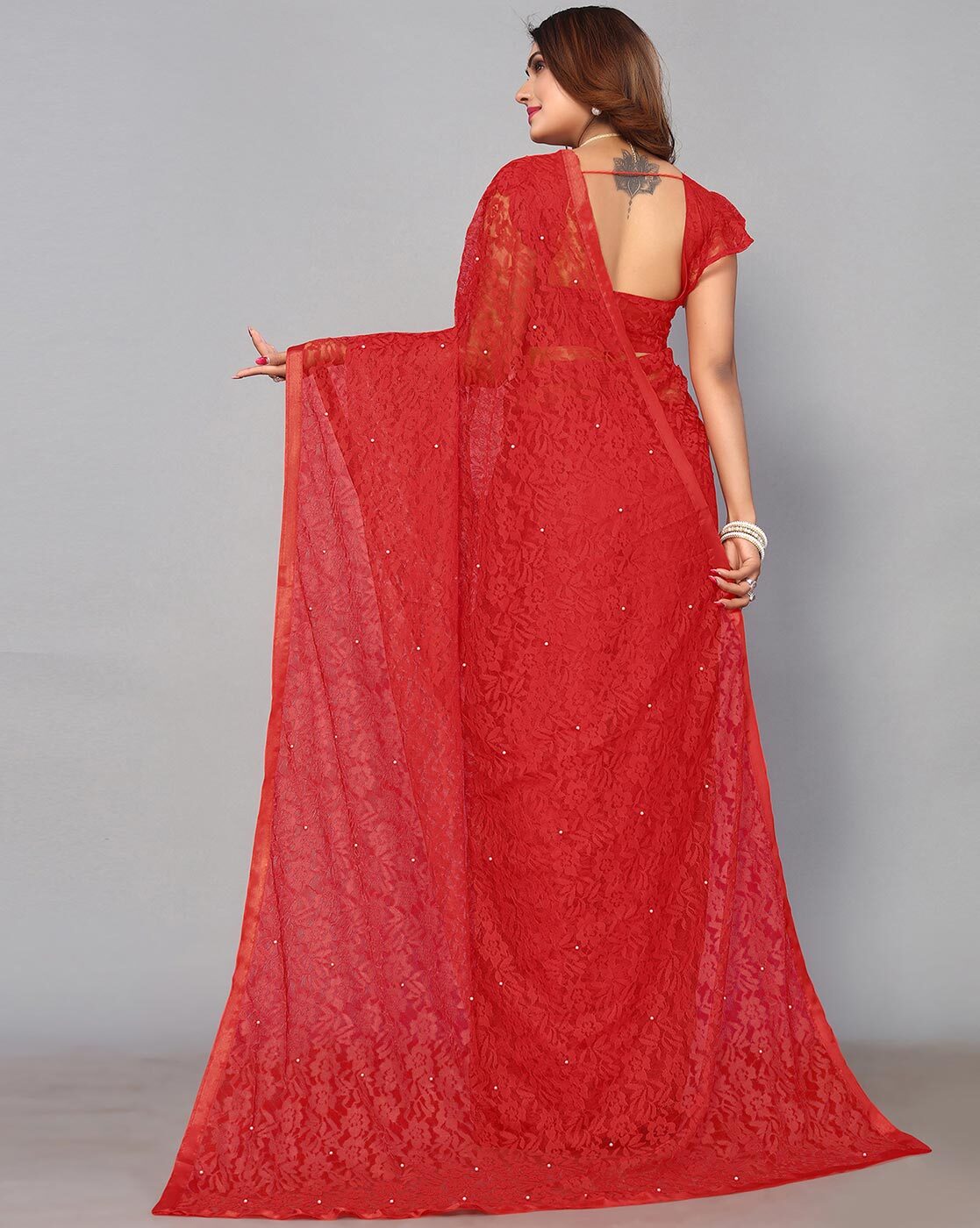 Saree : Red georgette printed mirror lace saree