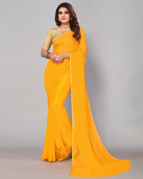 Buy Yellow Chiffon Saree With Silk Blouse Online - SARV01819 | Andaaz  Fashion