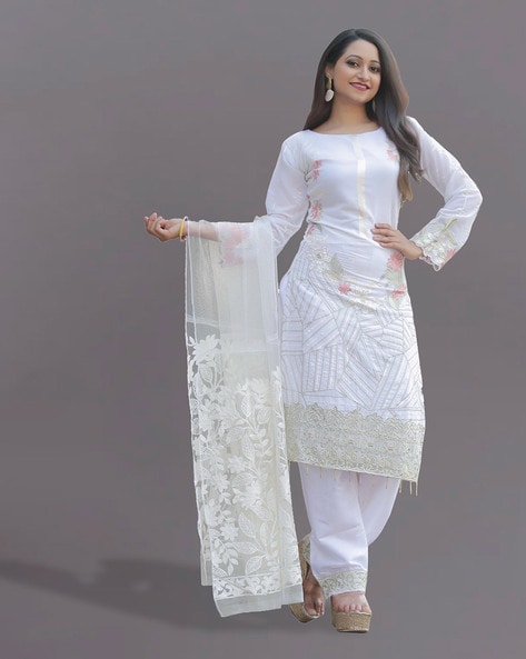 Buy White Embroidery Work Linen Cotton Dress Material Online