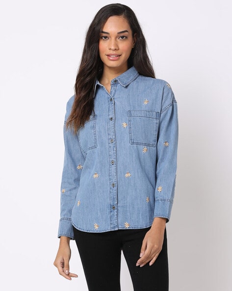 Mid Blue Floral Embroidered Balloon Sleeves Casual Denim Shirt |  ADFY-PEDT-008 | Cilory.com
