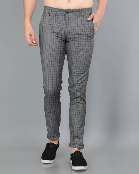 Grey White Slim Fit Checked Formal Trousers - Buy Grey White Slim Fit  Checked Formal Trousers online in India