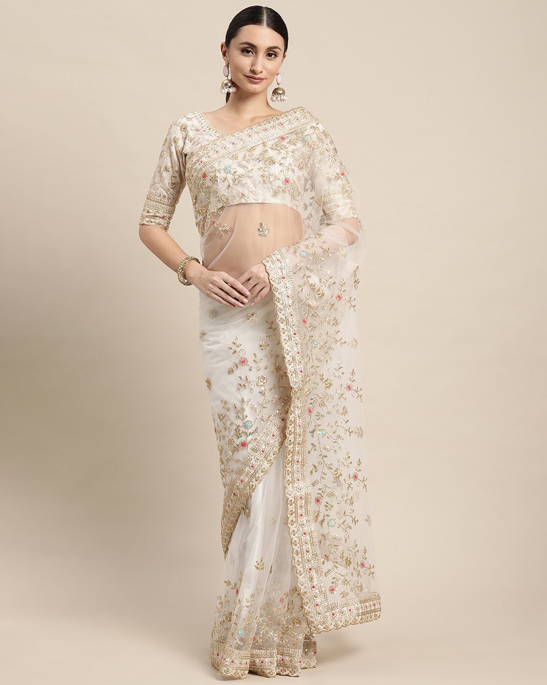 Off white net discount saree with blouse