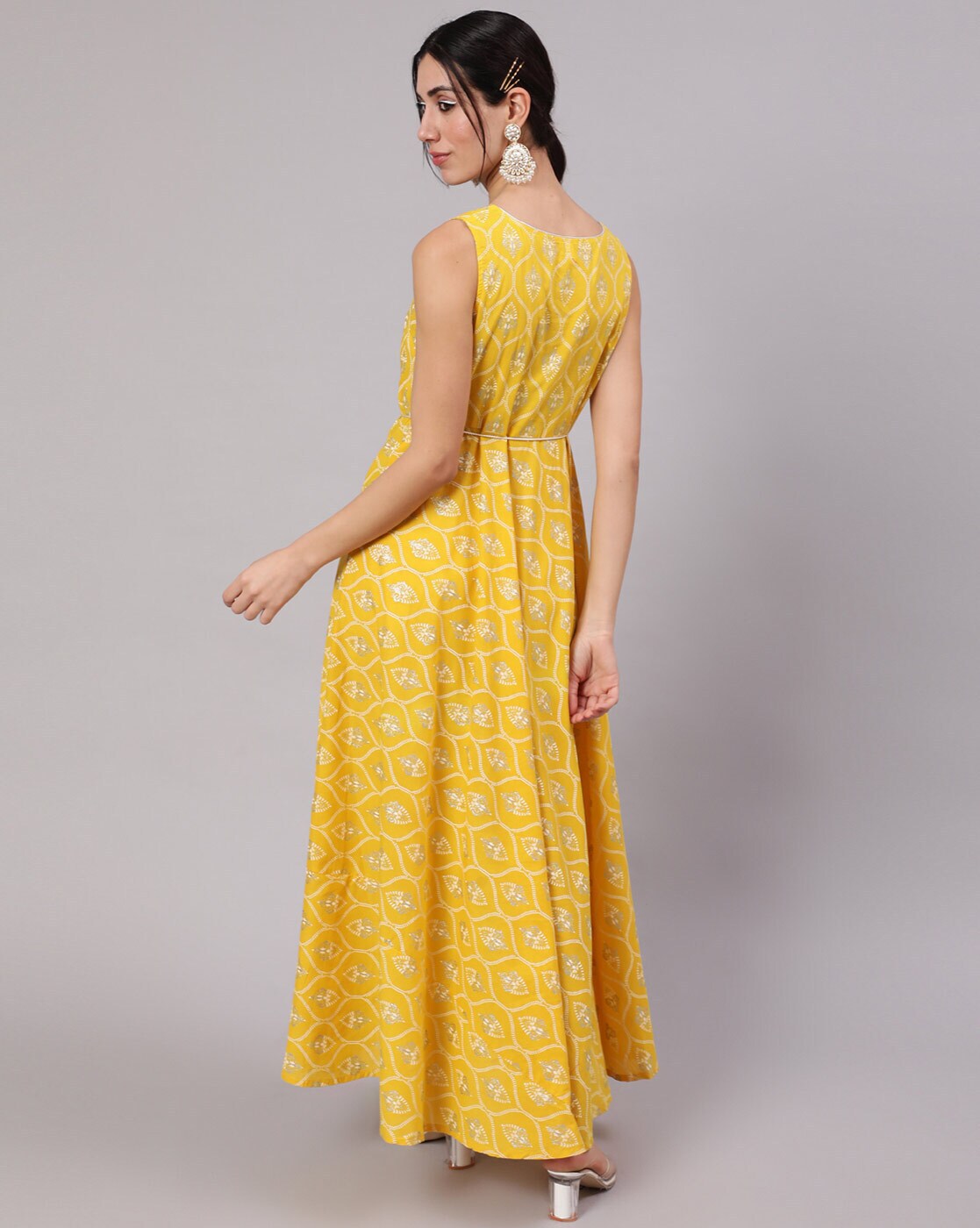 Aks mustard yellow discount printed maxi dress