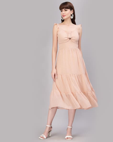 Beige Swiss Dot Sleeveless Dress DRESS WITH SWISS EMBROIDERY Beige