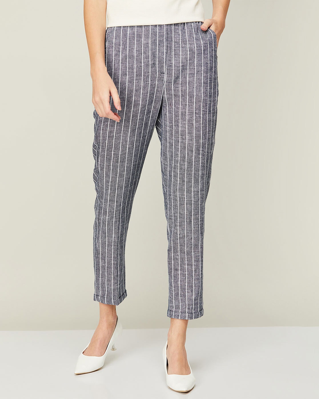 Black Pinstripe High Waisted Flared Smart Trousers | Ivo – motelrocks-com-us