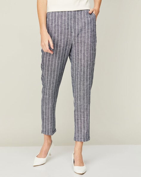 SHOWOFF Women Mauve Striped Straight Fit Formal Trouser