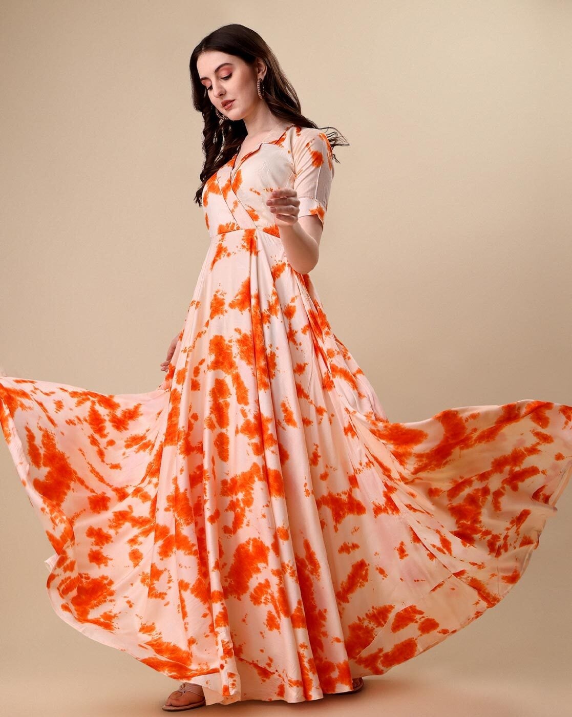 Orange V-Neck Tulle Lace Long Prom Dress, A-Line Graduation Party Dres
