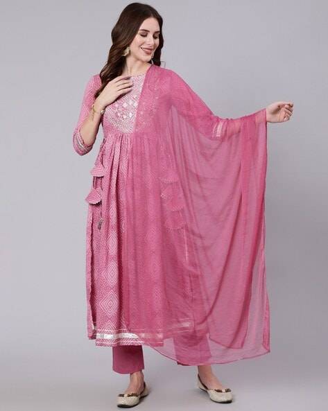 Embroidered Flared Kurta & Pants with Dupatta
