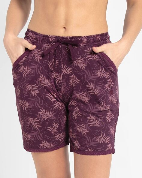 Buy Women's Micro Modal Cotton Relaxed Fit Printed Shorts with Lace Trim  Styled Side Pockets - Purple Wine Assorted Prints RX10