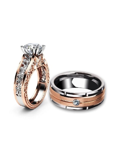 Rose/White Gold Two Tone Princess Cut Diamond Matching Rings Set - HH-162 -  14K Gold
