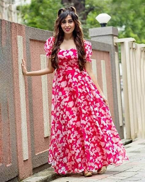 Gown : Pink floral printed party wear gown