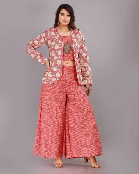 Crop top and palazzo with long jacket – Aangan of Kutch