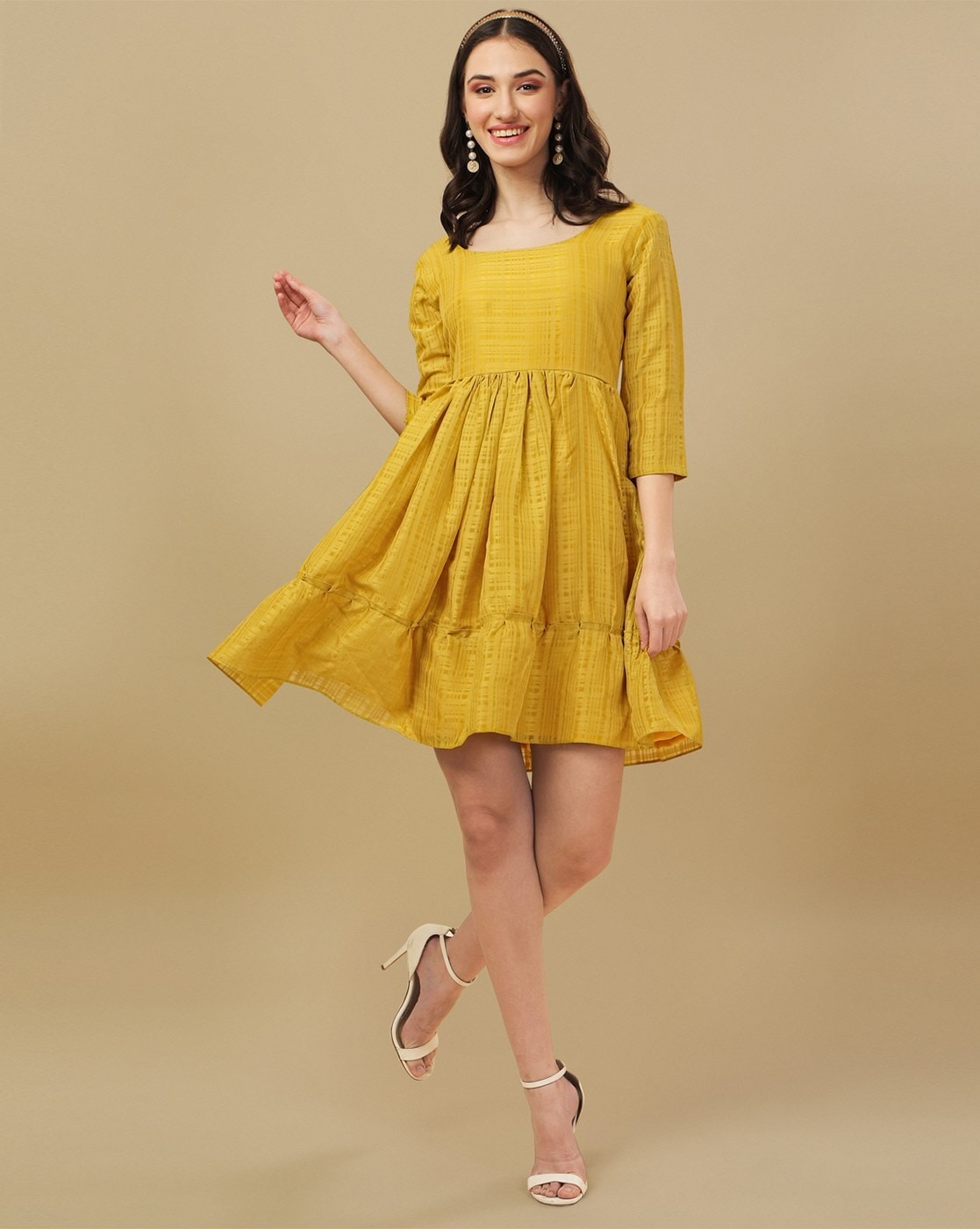 Buy Shruthi Yellow Self Design Strappy Short Dress For Women| Short Kurti|  Jeans kurti| Pinted A-line Maxi Dress, Casual look for women | kurta, dress  & gown for Women Online at Best