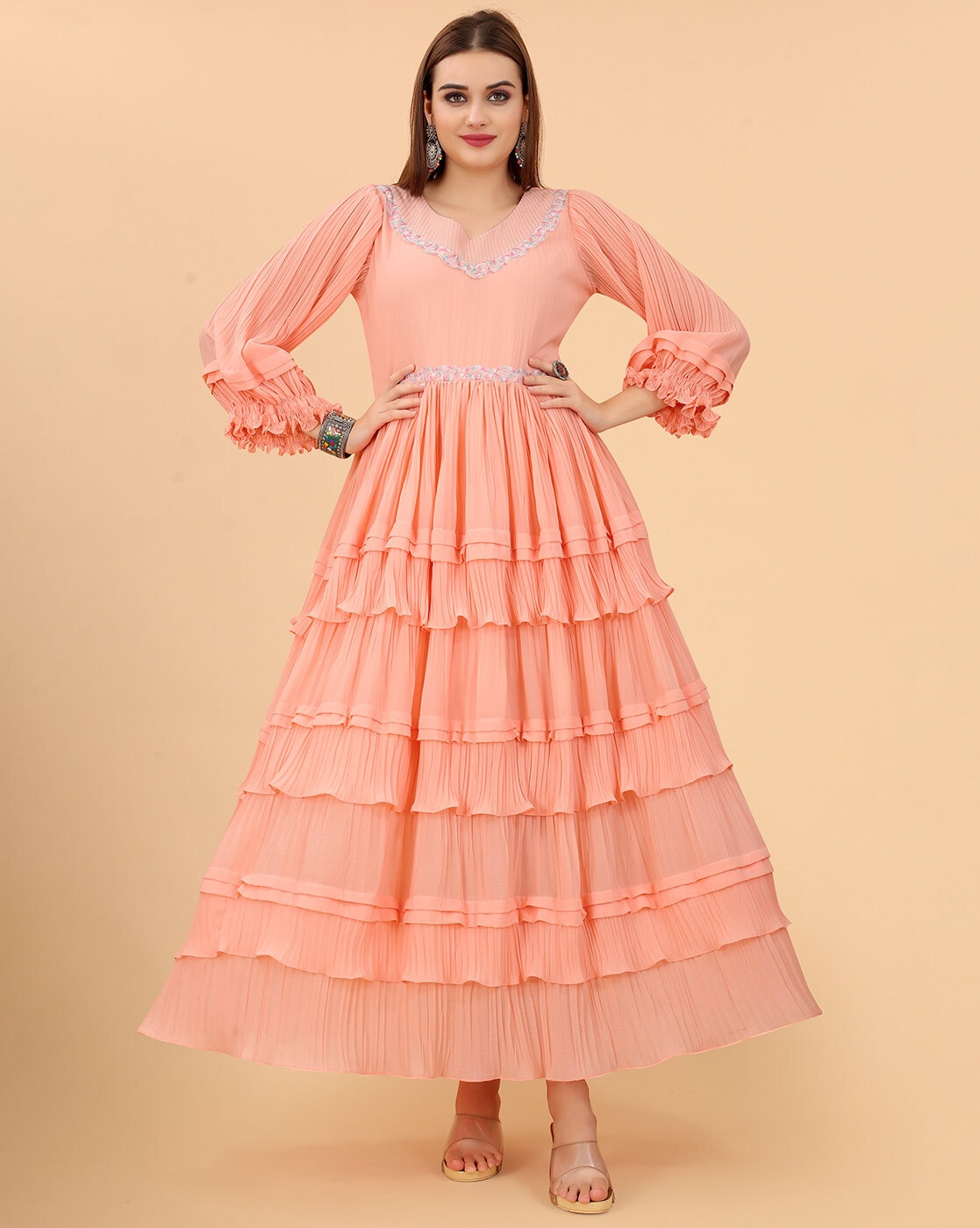 Peach designer cap style gown - G3-WGO1196 | G3fashion.com | Gown dress  design, Indian gowns dresses, Gowns