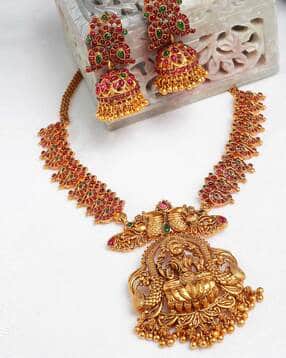 Gold-Plated Handcrafted Temple Necklace & Earrings Set-image-34