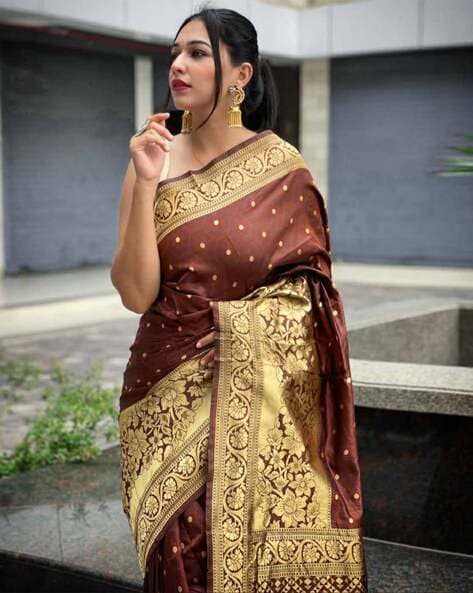 Coffee Brown & Gold-Coloured Silk Blend Woven Design Banarasi Saree -  VASTRANAND - 3413691