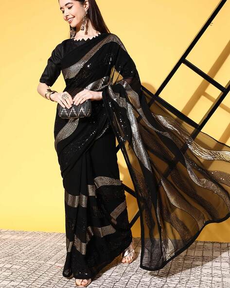 Buy Latest Style Gota Patti Embroidered Organza Dark Black Saree|SARV120283