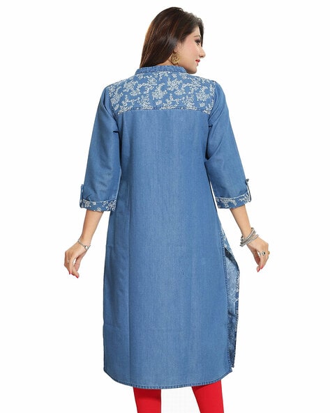 ZOLA A-line Denim Kurta Cuffed Sleeves Calf Length Embroidered with Pleats  On Waist for Women : Amazon.in: Fashion