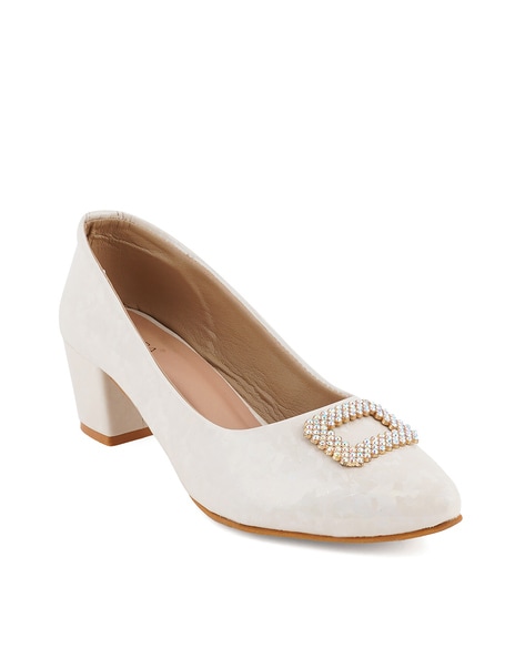 Ivory Block Heel Wedding Shoes with Floral Lace Appliqué