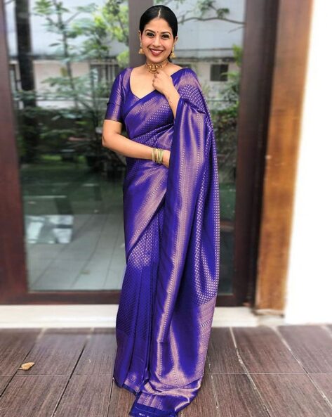 Purple Saree with Gold Print Border [Available] – Navastrani Boutique